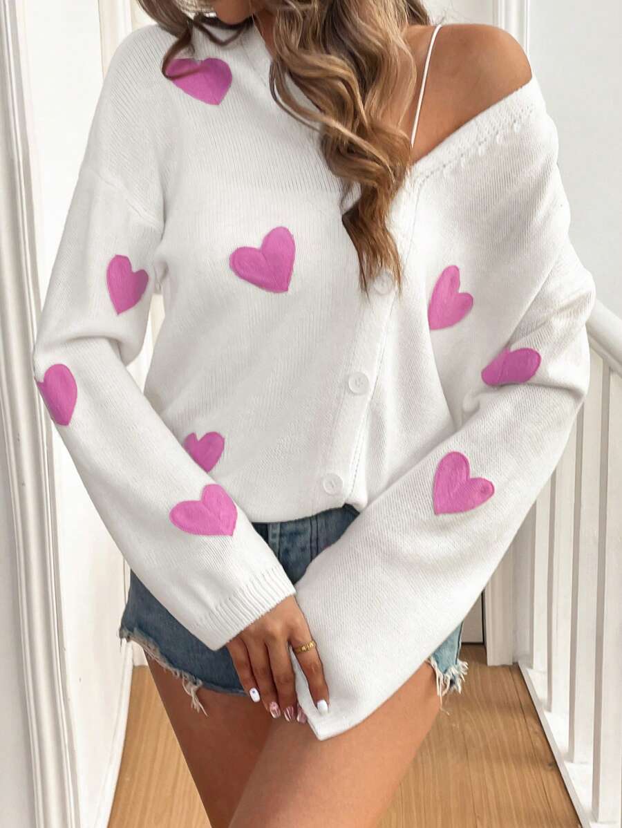 SHEIN LUNE 心形刺绣开衫 春秋 - 白色 - 查看 1