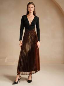 Anewsta 春秋优雅长袖 V 领金属拼接褶皱连衣裙长款女装 - 黑色 - 查看 4
