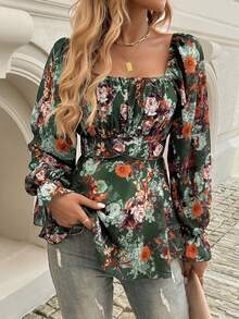 印花休閒長袖上衣，腰部收緊設計 - 綠色 - 查看 6