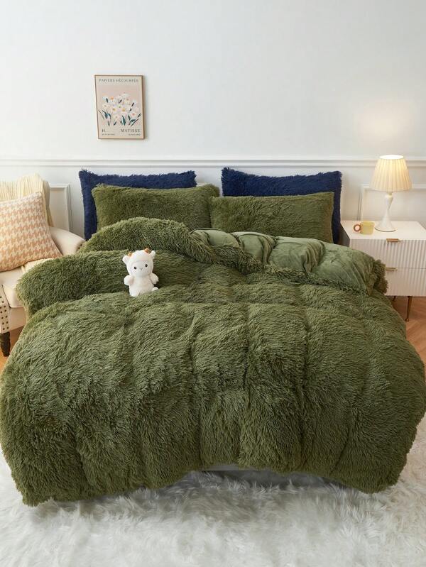 3Pcs Green Bedding Plush Shaggy Duvet Cover Set Fluffy Duvet Cover With Pillowcases (1pc Fluffy Duvet Cover+2pcs Pillowcases) Bedding Set For Bedroom Guest Room King Queen Full Twin Size