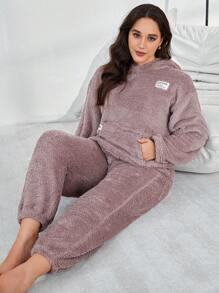 SHEIN Hooded Solid Color Plush Fluffy Pajama Set With Front Pockets, Plus Size, Fall Winter Clothes, Cozy Outfit - Mauve Purple - View 6