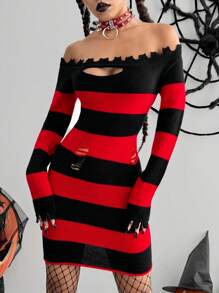 Flirla 万圣节双色条纹露肩紧身毛衣连衣裙 - 彩色 - 查看 5