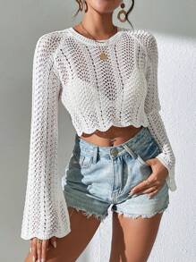 SHEIN PETITE Short Hollow Knit Sweater For Casual Occasions, Knit Pullover Fall Winter - White - View 5