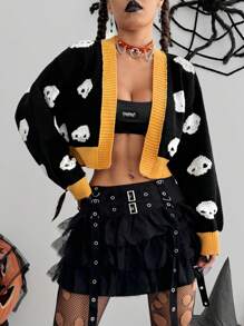 SHEIN Unity Women Autumn Halloween Colorblock Skull Pattern Cardigan, Fall Winter Clothes - Black - View 6