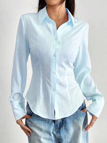 Flirla 休闲条纹褶皱腰衬衫，春秋 - 彩色 - 查看 5