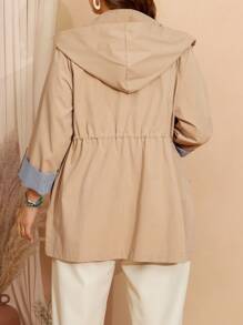 EMERY ROSE Plus Size Fall Khaki Casual Contrast Stripe Drawstring Hooded Trench Women Coat Jacket,Fall Women Clothes