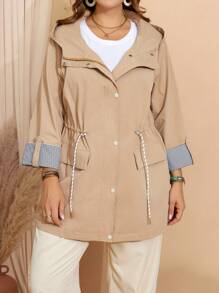 EMERY ROSE Plus Size Fall Khaki Casual Contrast Stripe Drawstring Hooded Trench Women Coat Jacket,Fall Women Clothes