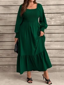 SHEIN LUNE 女式宽松下摆长裙，春/秋，松紧胸围，方领，长袖，纯色，褶皱，A 字形，荷叶边下摆，及踝长度，适合派对和正式场合 - 墨綠色 - 查看 3