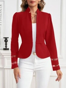 Solid Color Mesh Patchwork Long Sleeve Casual Jacket, Everyday Wear - Red - View 4