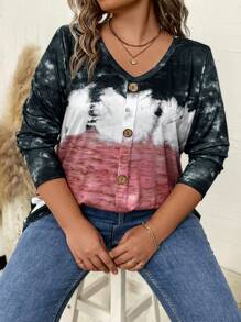 SHEIN Plus Tie Dye Button Detail Tee Graphic Tees Women Tops - Multicolor - View 7