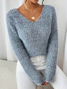 1件女士露肩毛衣，时尚宽松V领柔软针织套头衫，百搭休闲女式套头衫 - 淺藍色 - 查看 5