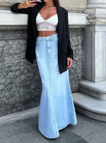 RueChic 100% Cotton High-Waisted Extra Long Non-Stretch Flare Denim Skirt - Light Wash - View 3