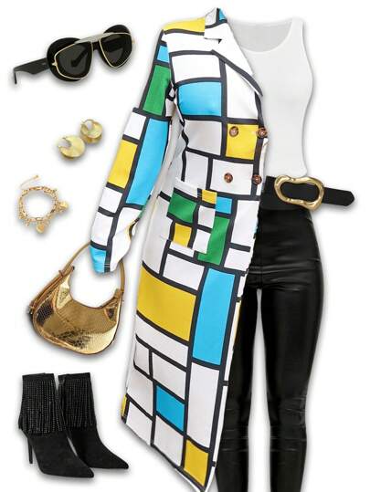 Slaydiva Abrigo de trench para mujer de largo medio con estampado de cuadros de parche de color en todo el diseño, de solapa y manga larga, de estilo casual y elegante para otoño e invierno-C