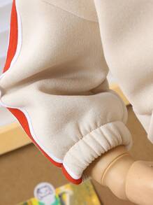 男婴秋冬装纯色休闲连帽运动衫和运动裤 - 卡其色 - 查看 6