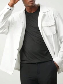Manfinity VCAY Men's Loose Fit Lapel Collar Long Sleeve Casual Shacket, Suitable For Autumn, Christmas - White - View 5