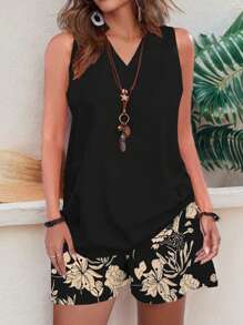 Breezaya Plus Size Solid V-Neck Sleeveless Top And Allover Print Shorts Casual 2-Piece Set, For Summer - Multicolor - View 1