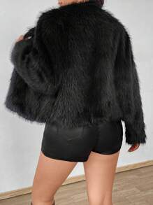 Allurite Plus Size Solid Color Long Sleeve Plush Jacket For Autumn, For Winter Fall Cloth For Women - Black - View 2