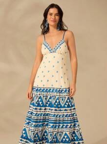 CAJUNI Đầm xòe hở vai cổ chữ V họa tiết Boho, họa tiết sóng và cá nhỏ cho nữ, váy dài thướt tha cho kỳ nghỉ bãi biển mùa hè - Nhiều màu - Xem 10