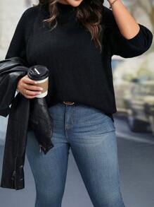 SHEIN LUNE Plus Size Solid Color Round Neck Long Sleeve Simple Casual Pullover Sweater, For Winter Knit Pullover Fall Outfit