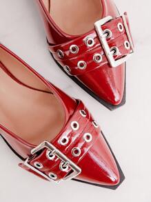 SHUZIA 女式仿制 Wine Pat 粗扣尖头平底鞋：舒适精致的朋克风格，超大扣子 - 紅色 - 查看 3