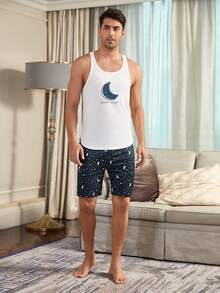 Conjunto de pijama de camiseta de tirantes y pantalones cortos con estampado de estrellas y lunas para hombres - Multicolor - Ver 6