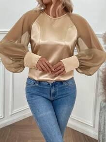 SHEIN Clasi 女士春秋休闲拼色灯笼袖衬衫 - 金色 - 查看 3