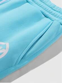 Manfinity EMRG Letter & Flame Print Zip-Up Hoodie And Drawstring Sweatpants Casual Set, Men Sweatsuit Set, Men 2 Piece Set, Blue Sweatsuit - Baby Blue - View 4