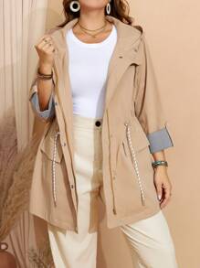 EMERY ROSE Plus Size Fall Khaki Casual Contrast Stripe Drawstring Hooded Trench Women Coat Jacket,Fall Women Clothes