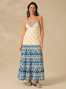 CAJUNI Đầm xòe hở vai cổ chữ V họa tiết Boho, họa tiết sóng và cá nhỏ cho nữ, váy dài thướt tha cho kỳ nghỉ bãi biển mùa hè - Nhiều màu - Xem 7