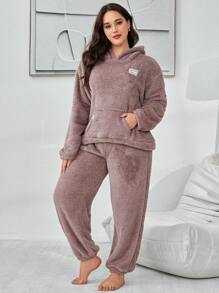 SHEIN Hooded Solid Color Plush Fluffy Pajama Set With Front Pockets, Plus Size, Fall Winter Clothes, Cozy Outfit - Mauve Purple - View 4