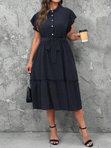 SHEIN LUNE Plus Size Casual Polka Dot Print Ruffle Hem Dress, Summer - Black - View 4
