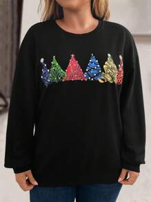 SHEIN LUNE Plus Size Christmas Tree Print Casual Sweatshirt For Fall/Winter Clothes - Black - View 5