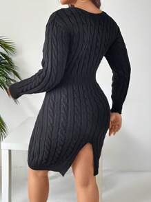 Celure Plus rozmiar Jednolita kolorowa sukienka sweterkowa z dekoltem w kształcie litery V i długim rękawem