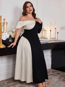 Modelyn Plus Size Black And White Color Block Asymmetric Neck Dress For Women,Elegant Autumn Dinner A Line Maxi Dresses For Evening Party,Wedding Guest Outfit - Multicolor - View 4