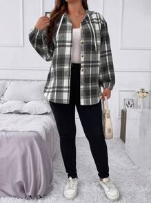EMERY ROSE Plus Size Casual Plaid Patchwork Hooded Jacket, Autumn Fall Winter Cloth For Women - Black and White - View 3