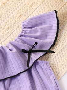 2 pièces Ensemble top à épaules dénudées élégant lavande avec volant et nœud décoratif et pantalon casual de couleur unie pour adolescentes - Parme - Voir 4