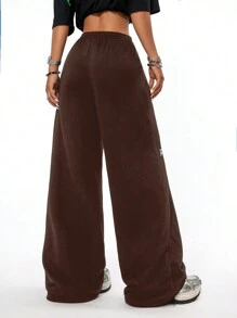 SHEIN EZwear Pantalón de chándal holgado de cintura alta y pierna recta con cordón, eslogan de deportes de carreras casual, talla grande, otoño e invierno
