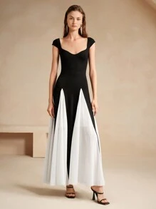 Anewsta Women's Black And White Chiffon Swing Dress Maxi Women Outfit - Black - View 7