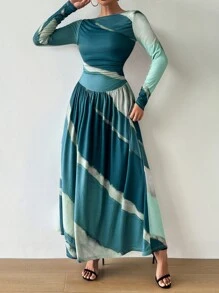 SHEIN Clasi Elegant Random Tie-Dye Ruched A-Line Casual Dress For Daily Wear, Spring Autumn - Green - View 4