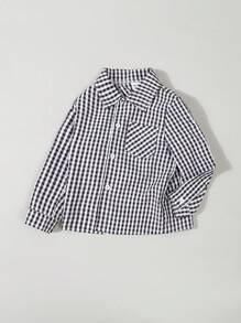 Young Boy Casual Black & White Plaid Long Sleeve Pocket Shirt, Spring & Fall - Black and White - View 3