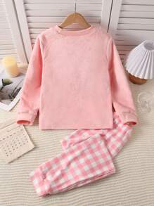 2 pièces/Set Pantalon casual à carreaux rose et blanc pour préadolescentes et Top à manches longues matelassé avec broderie à carreaux, vêtements d'intérieur confortables pour l'automne/l'hiver