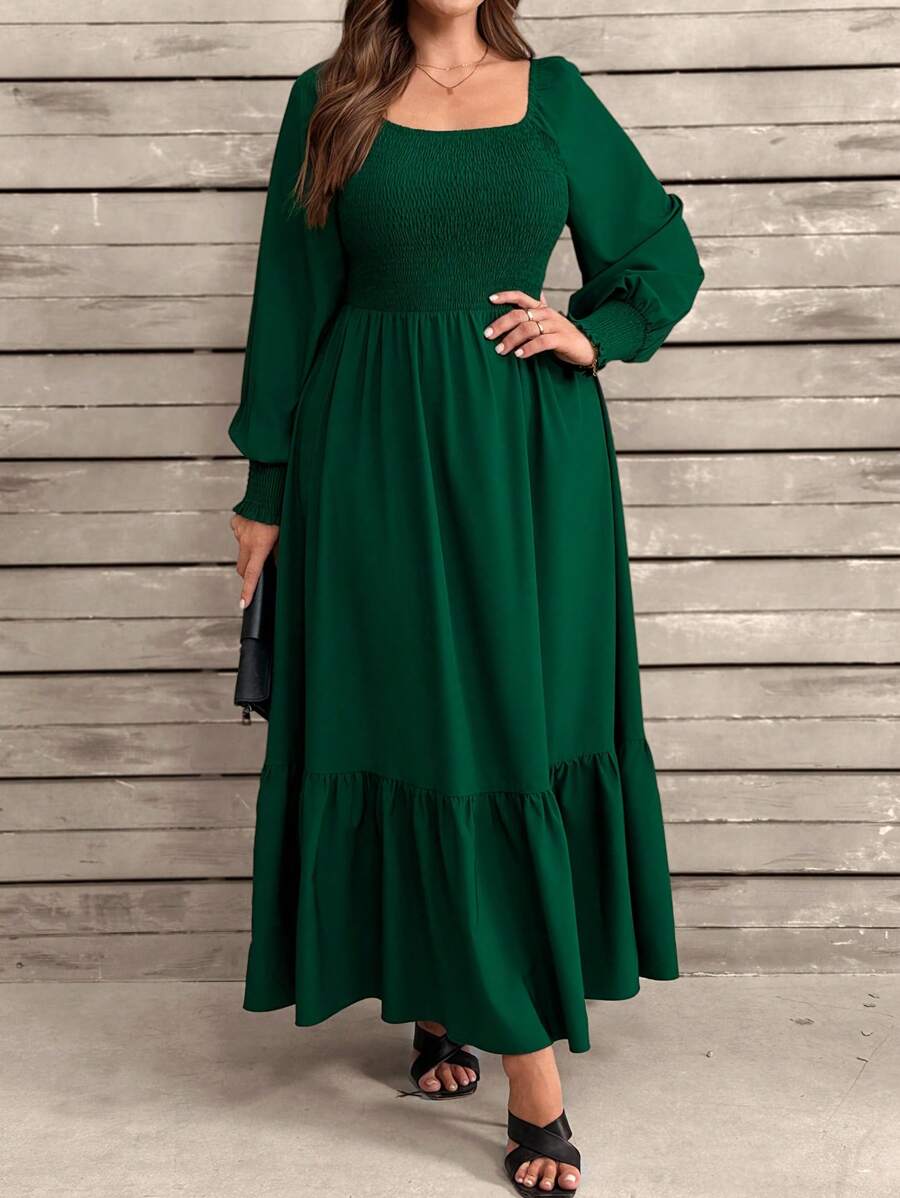 SHEIN LUNE 女式宽松下摆长裙，春/秋，松紧胸围，方领，长袖，纯色，褶皱，A 字形，荷叶边下摆，及踝长度，适合派对和正式场合 - 墨綠色 - 查看 1