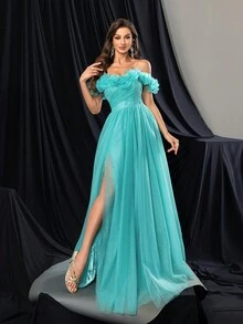 Princess Style Premium One Shoulder High Slit Blue Green Women Gown Dresses For Formal Banquet - Green - View 4