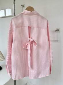 SHEIN Unity Áo sơ mi sọc thắt nơ hở lưng giản dị mùa xuân thu cho nữ - Hồng - Xem 3