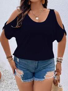 Vionelle Plus Size Solid Color Off Shoulder Casual T-Shirt - Navy Blue - View 3