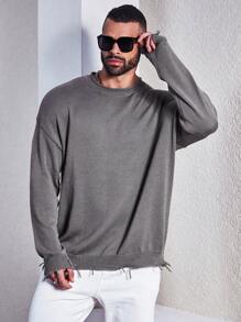 Manfinity Homme Sweater Kasual Pria Ukuran Besar Warna Polos dengan Bahu Longgar, Sweater Abu-abu Musim Semi dan Gugur - Grey - View 4