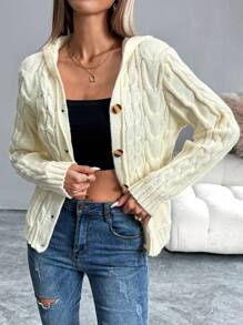 SHEIN LUNE Casual Solid Color Hooded Cardigan With Dual Pockets, Spring Autumn