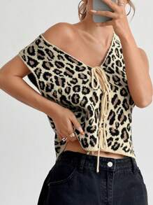 SHEIN Unity Women's Summer Front Tie Loose Casual Leopard Print Sweater Vest - Multicolor - View 4