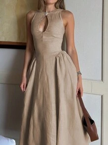 Siren Gaze 女士亚麻色镂空前收腰 A 字形侧褶连衣裙 - 杏色 - 查看 3