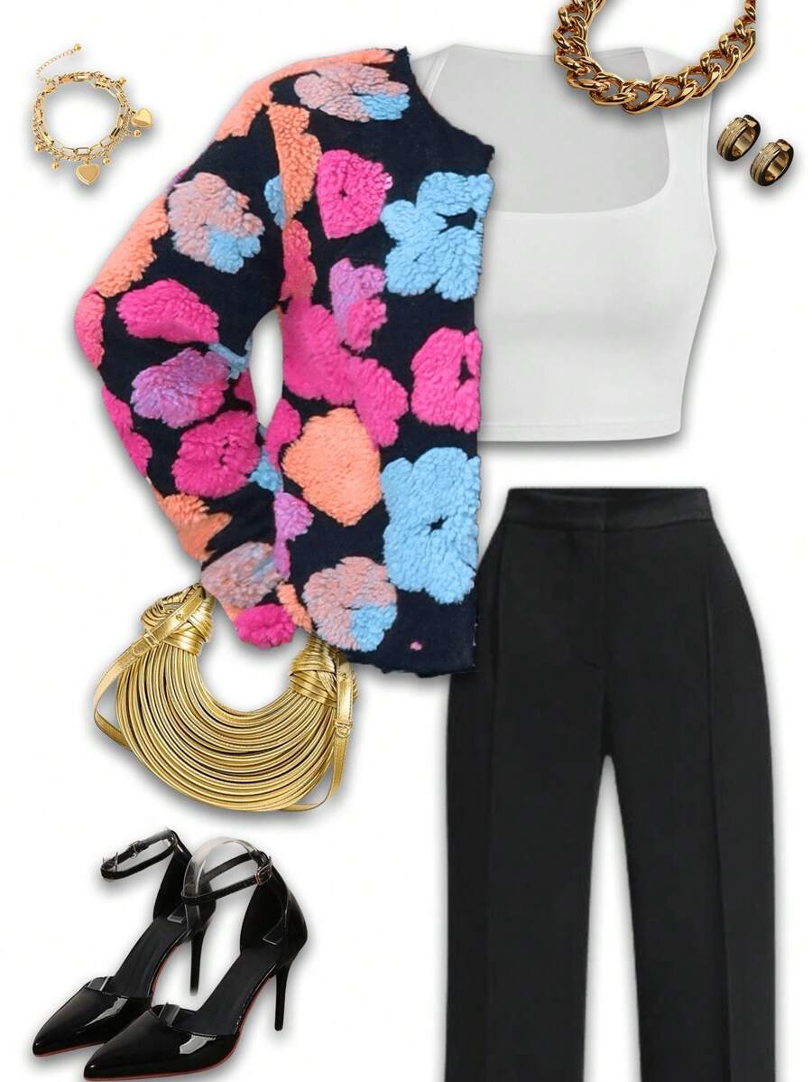 Slaydiva 秋冬休闲优雅圆领长袖短款彩花提花天鹅绒黑底彩花女装外套-C - 彩色 - 查看 1